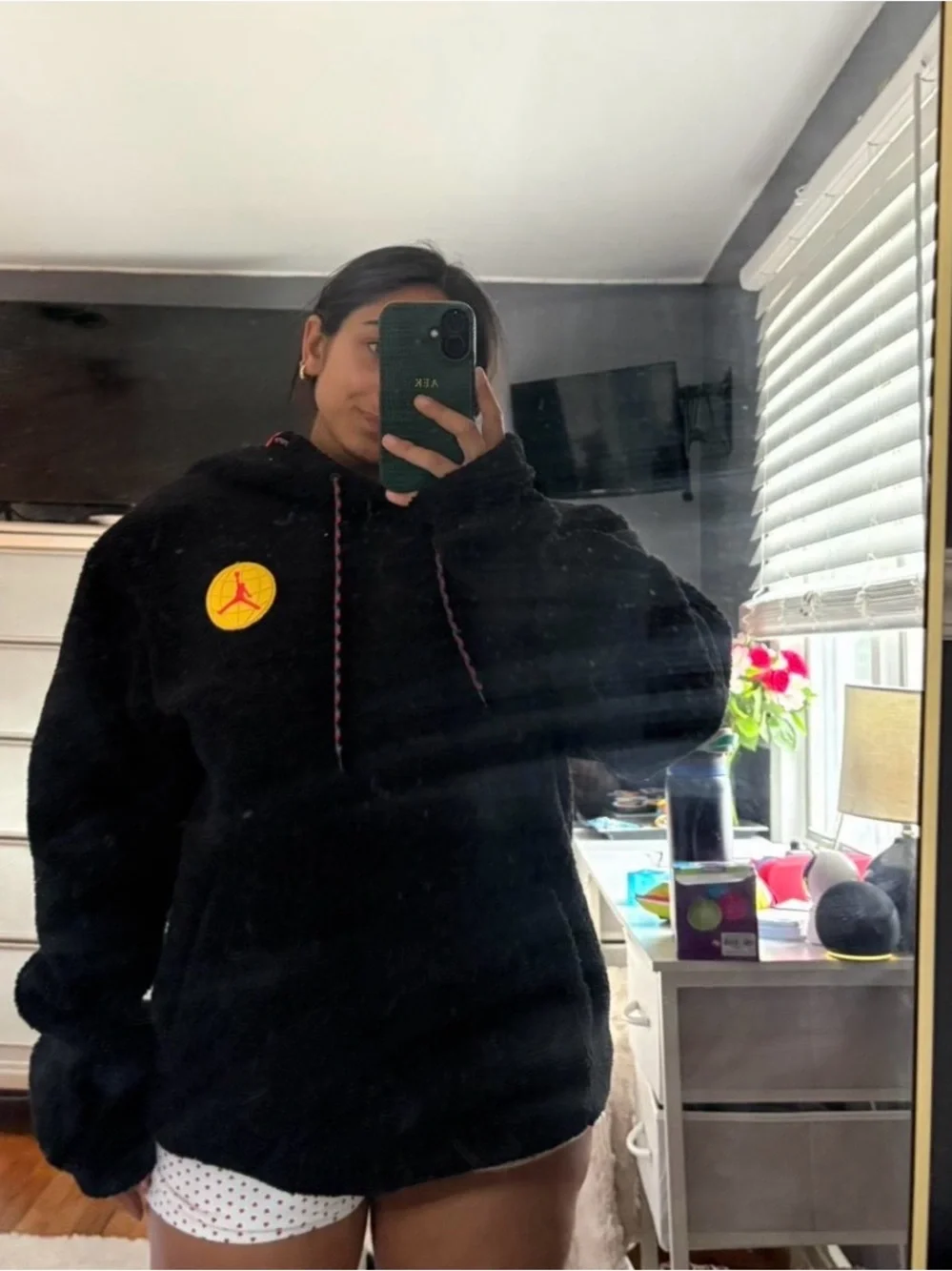 Jordan Black Sherpa Crewneck Hoodie with Red Trim and Yellow Logo